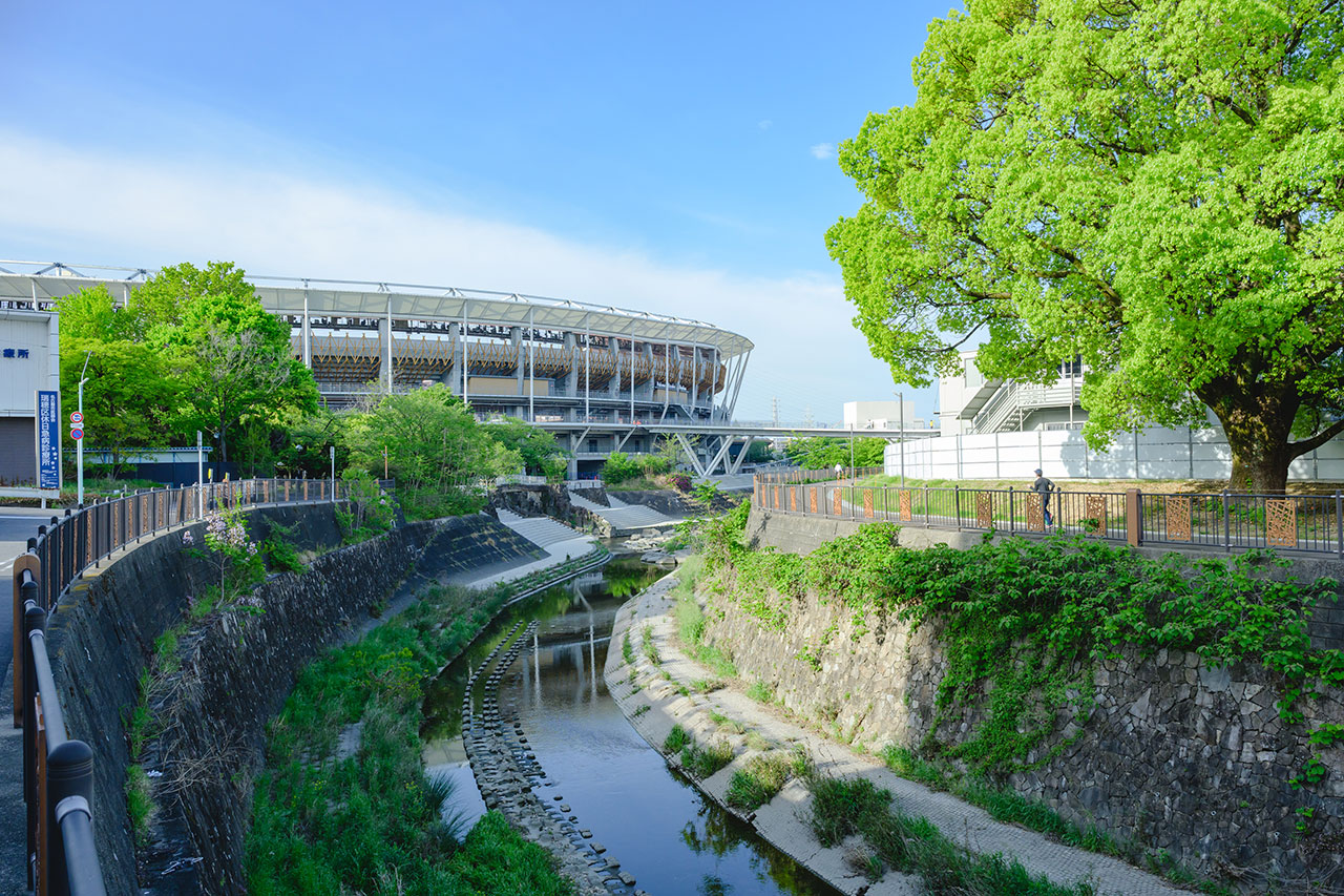 The parks surrounding the stadium are lush with greenery.